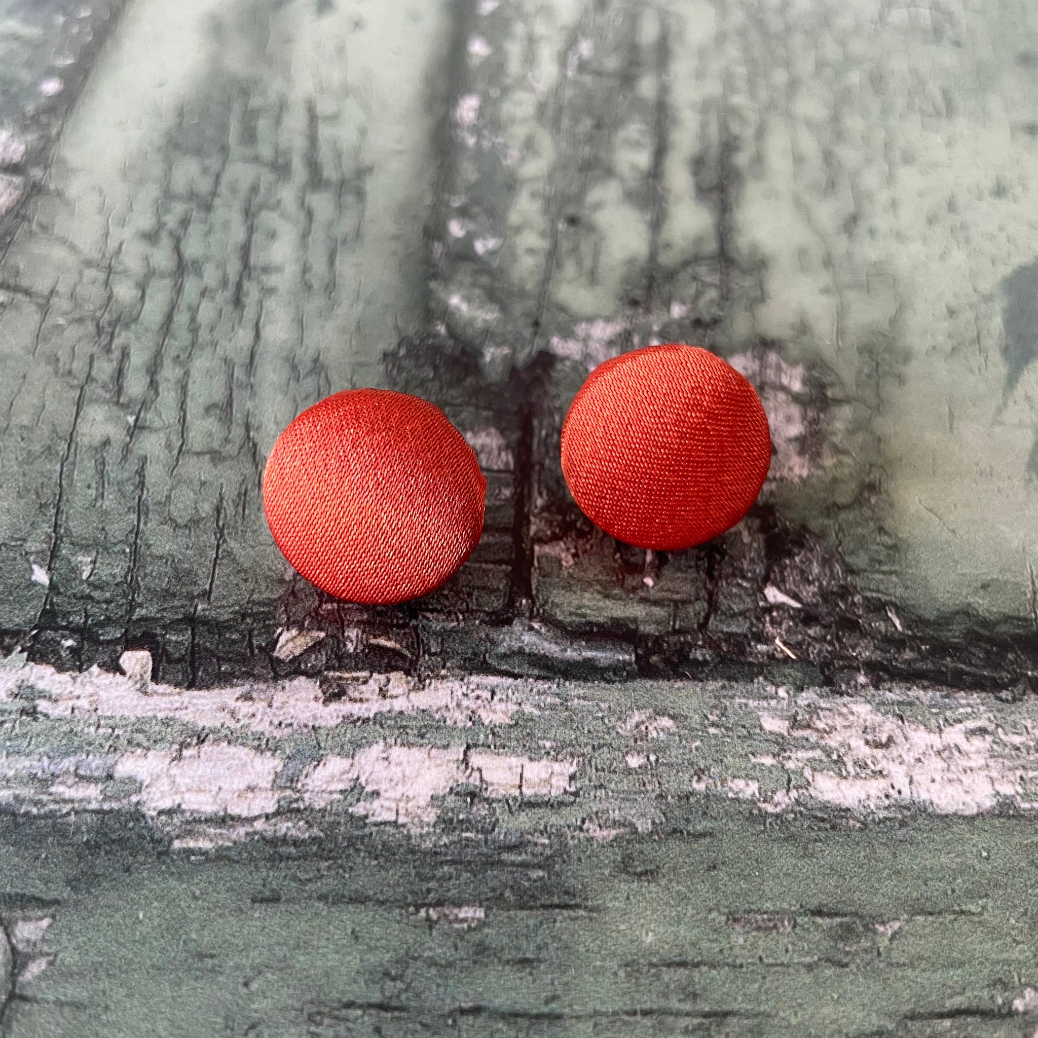 Terracotta Orange Satin Fabric Button Stainless Steel Stud Earrings