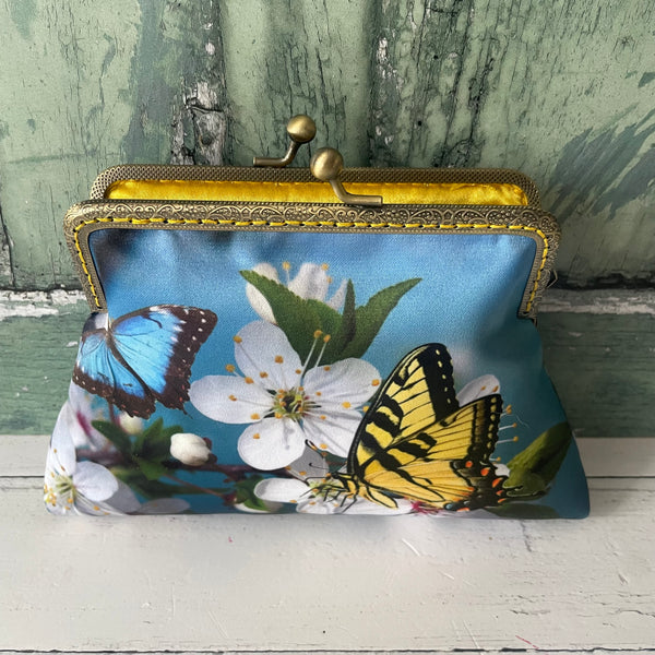 Yellow Butterfly and Blossom Satin 5.5 Inch Bronze Clasp Purse Frame Clutch Bag