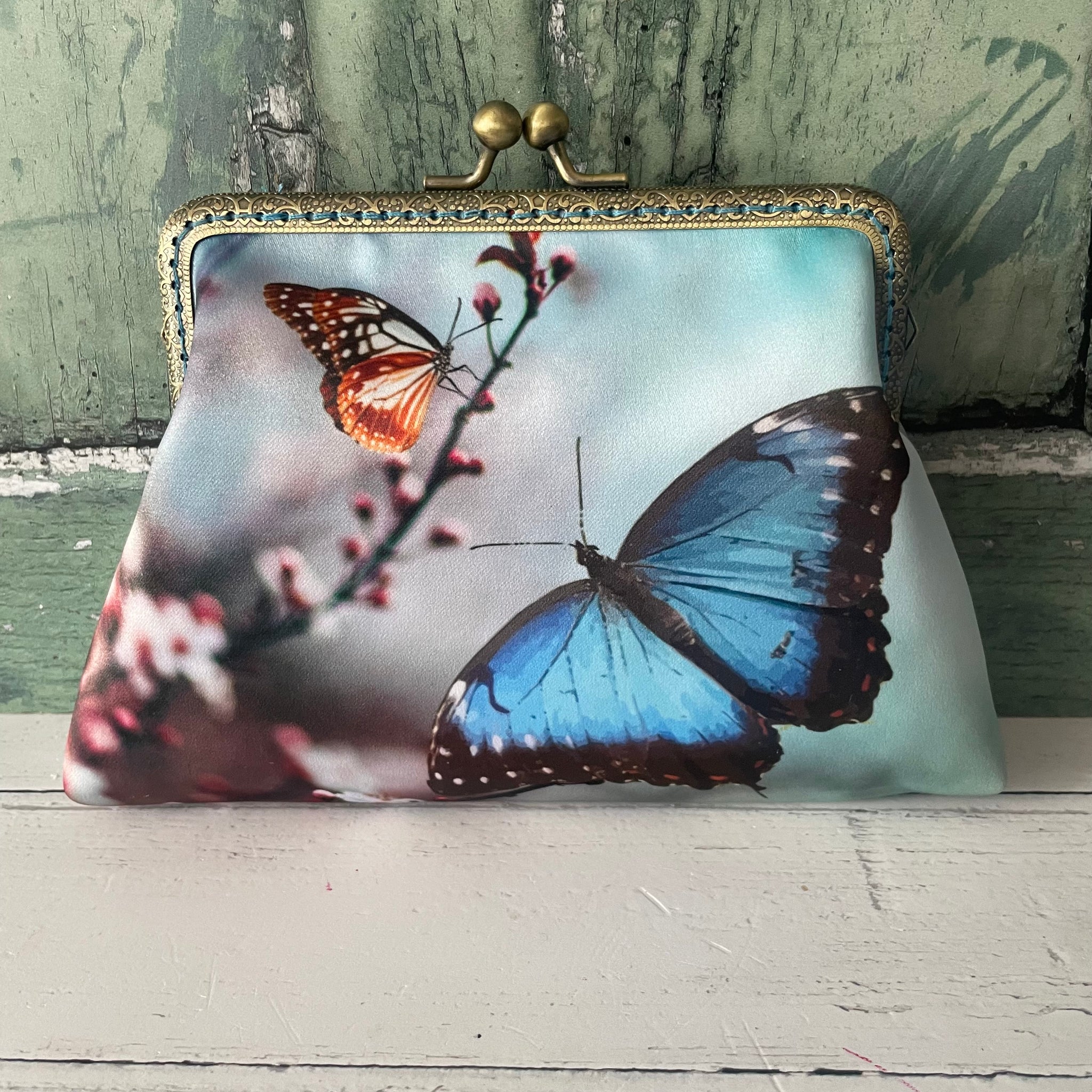 Blue Butterfly and Blossom Satin 5.5 Inch Clasp Purse Frame Clutch Bag