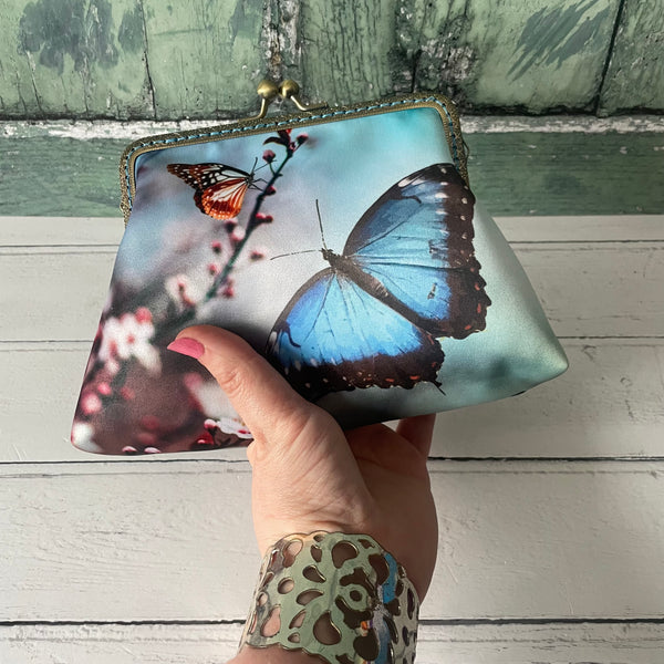 Blue Butterfly and Blossom Satin 5.5 Inch Clasp Purse Frame Clutch Bag