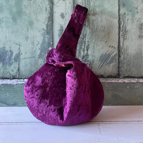 Aubergine Plum Reversible Crushed Velvet Satin Japanese Wristlet Knot Clutch Bag