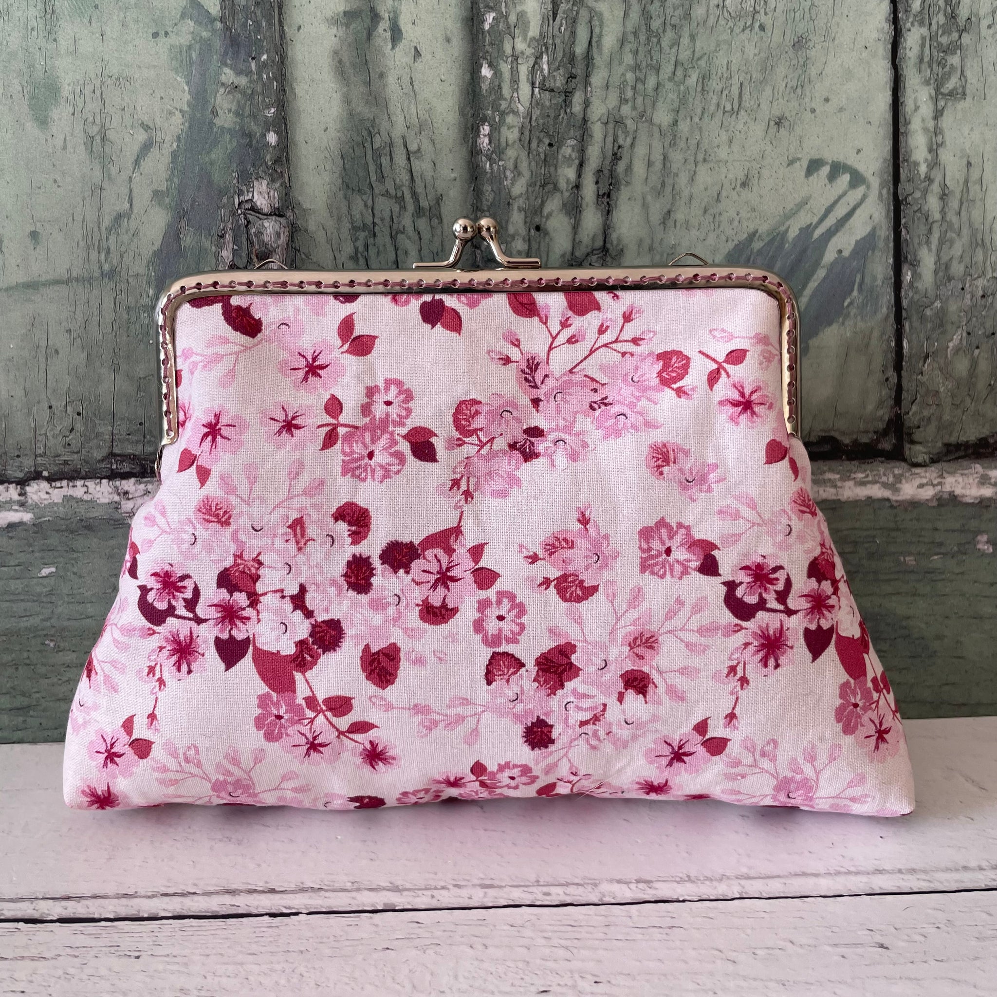 White Pink Pansies Floral Cotton 5.5 Inch Silver Clasp Purse Frame Clutch Bag