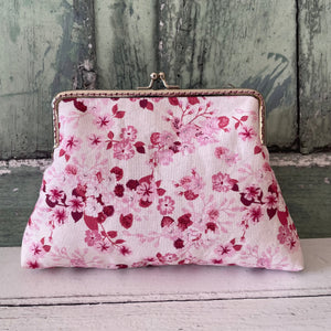 White Pink Pansies Floral Cotton 5.5 Inch Silver Clasp Purse Frame Clutch Bag