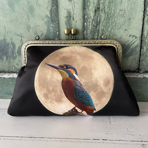 Moonscape Blue Kingfisher Bird Satin 8 Inch Sew-In Bronze Clasp Purse Frame Clutch Bag