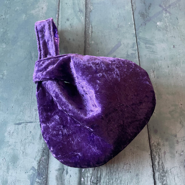 Purple Reversible Crushed Velvet Satin Japanese Wristlet Knot Clutch Bag