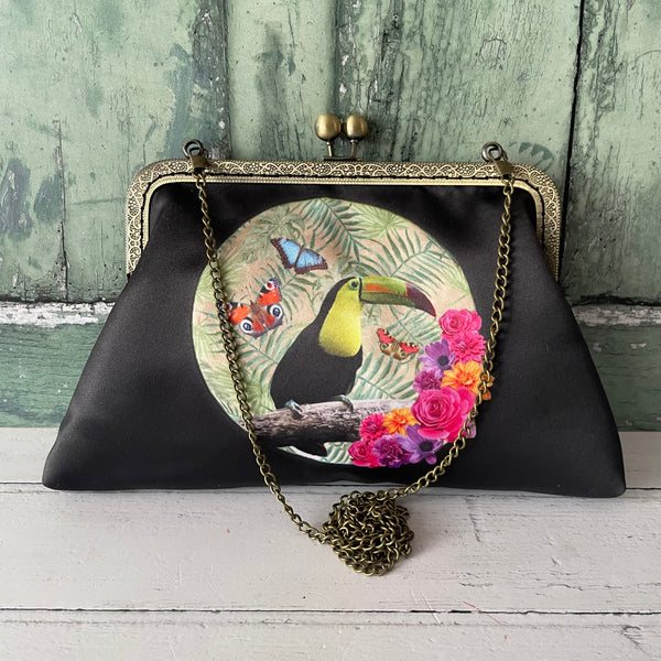 Tropical Floral Moon Toucan Satin 8 Inch Sew-In Bronze Clasp Purse Frame Clutch Bag