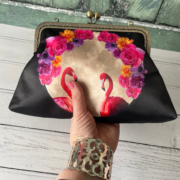 Tropical Floral Moon Flamingos Satin 8 Inch Sew-In Bronze Clasp Purse Frame Clutch Bag