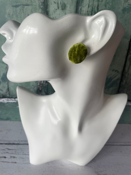 Olive Green Crushed Velvet Fabric Button Stainless Steel Stud Earrings