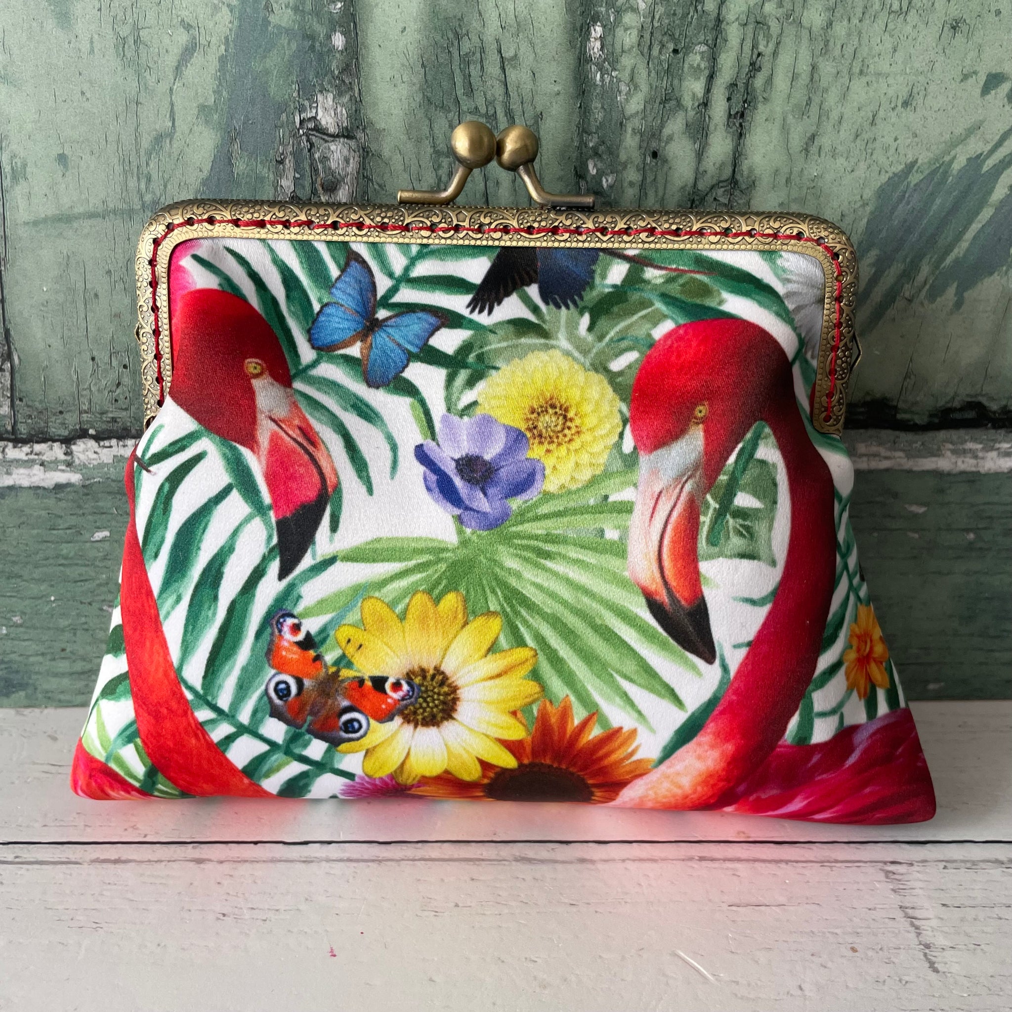 Tropical Flamingos and Butterflies Satin 5.5 Inch Bronze Clasp Purse Frame Clutch Bag