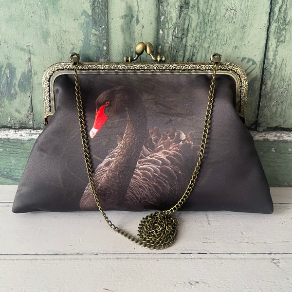 Black Swan Satin 8 Inch Sew-In Bronze Clasp Purse Frame Clutch Bag