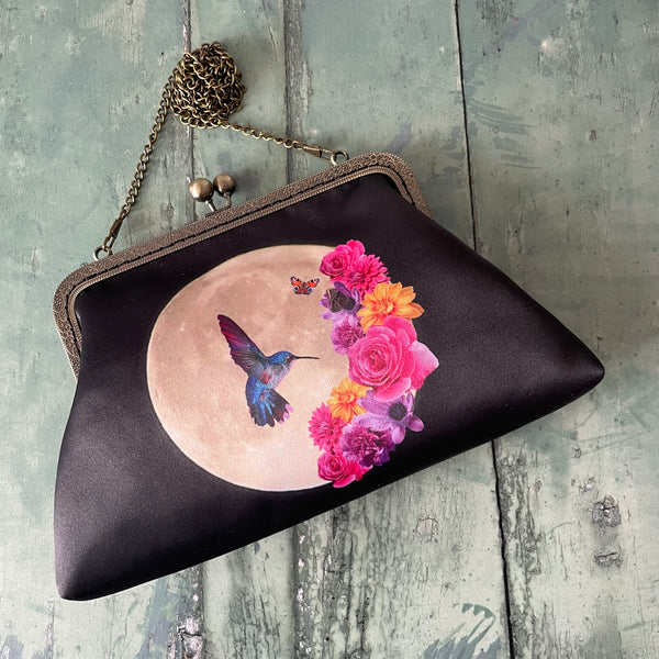 Tropical Floral Moon Hummingbird Satin 8 Inch Sew-In Bronze Clasp Purse Frame Clutch Bag