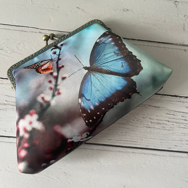 Blue Butterfly and Blossom Satin 5.5 Inch Clasp Purse Frame Clutch Bag