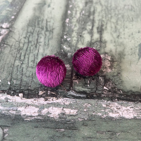 Aubergine Plum Crushed Velvet Fabric Button Stainless Steel Stud Earrings