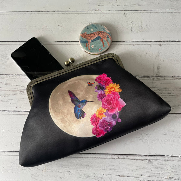 Moonscape Floral Blue Hummingbird Satin 8 Inch Bronze Clasp Purse Frame Clutch Bag