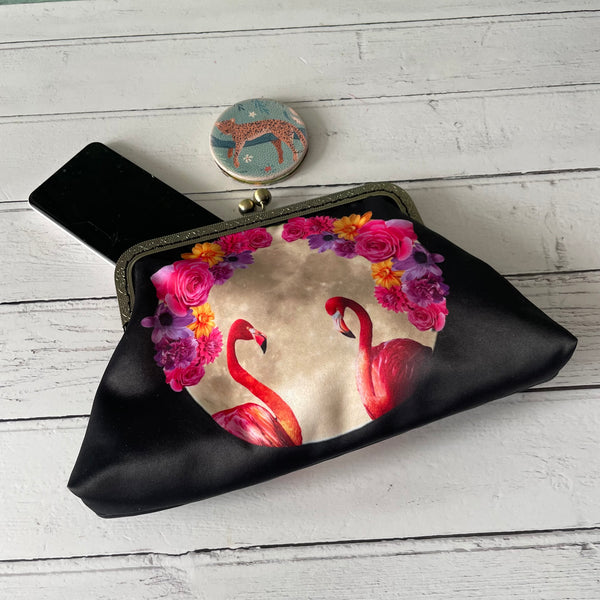 Tropical Floral Moon Flamingos Satin 8 Inch Sew-In Bronze Clasp Purse Frame Clutch Bag