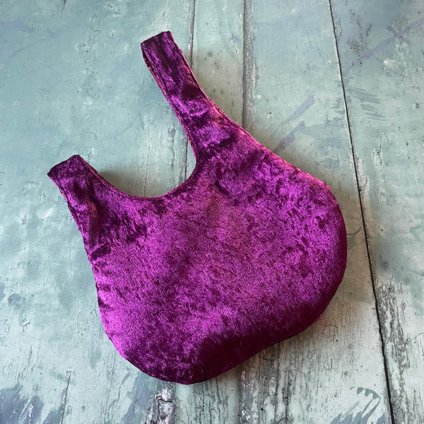 Aubergine Plum Reversible Crushed Velvet Satin Japanese Wristlet Knot Clutch Bag