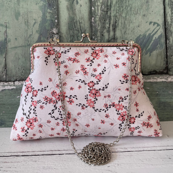 White Coral Pink Floral Cotton 5.5 Inch Silver Clasp Purse Frame Clutch Bag