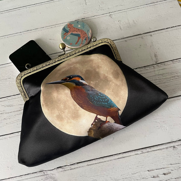 Moonscape Blue Kingfisher Bird Satin 8 Inch Sew-In Bronze Clasp Purse Frame Clutch Bag