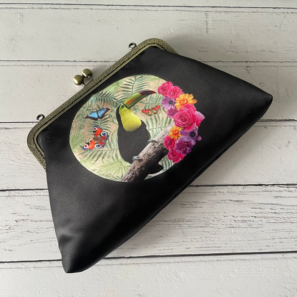 Moonscape Tropical Floral Toucan Bird Satin 8 Inch Bronze Clasp Purse Frame Clutch Bag