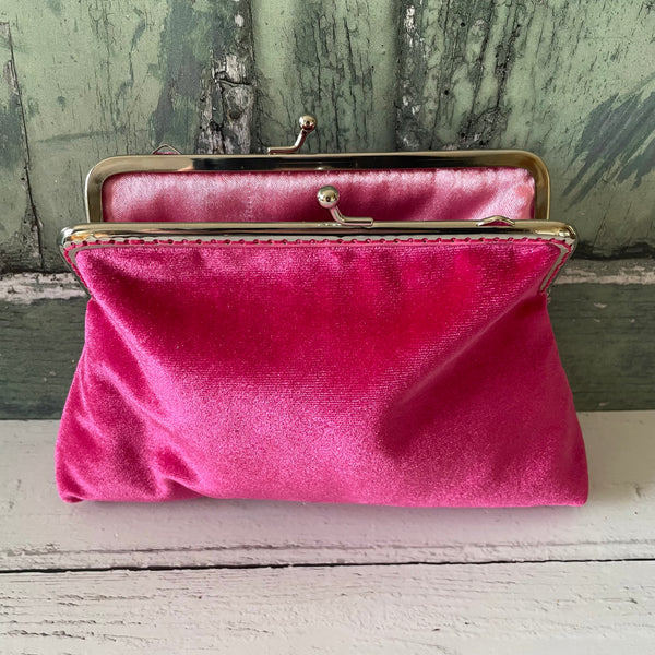 Hot Pink Velvet 5.5 Inch Silver Tone Sew In Clasp Purse Frame Clutch Bag