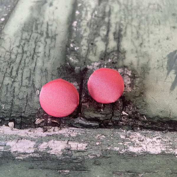 Coral Pink Satin Fabric Button Stainless Steel Stud Earrings