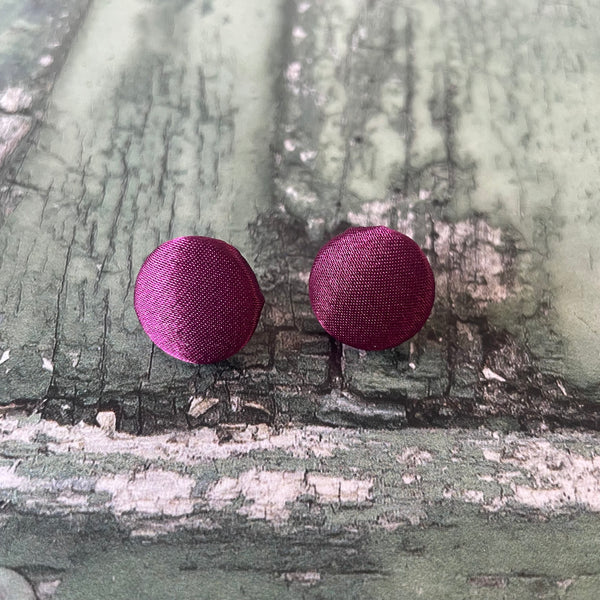 Aubergine Plum Satin Fabric Button Stainless Steel Stud Earrings