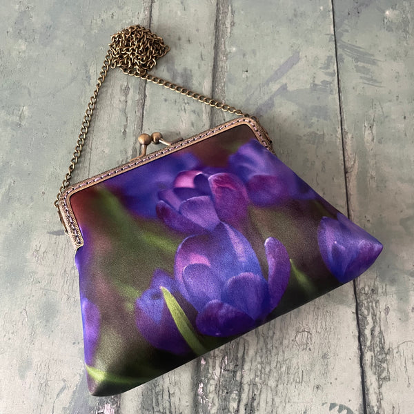 Spring Purple Crocus Floral Satin 5.5 Inch Bronze Clasp Purse Frame Clutch Bag