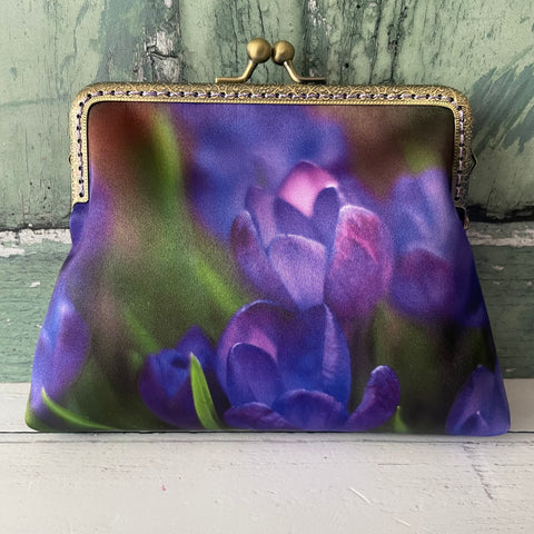 Spring Purple Crocus Floral Satin 5.5 Inch Bronze Clasp Purse Frame Clutch Bag