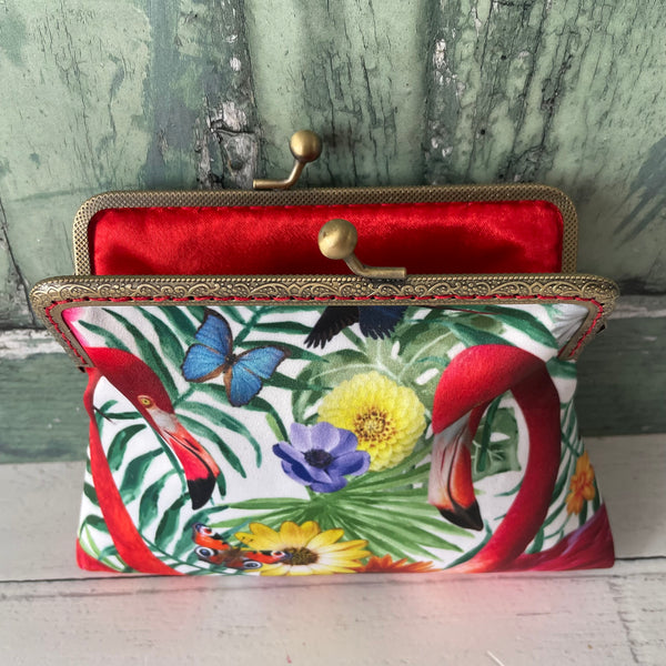 Tropical Flamingos and Butterflies Satin 5.5 Inch Bronze Clasp Purse Frame Clutch Bag