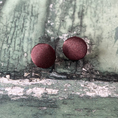 Chocolate Brown Satin Fabric Button Stainless Steel Stud Earrings