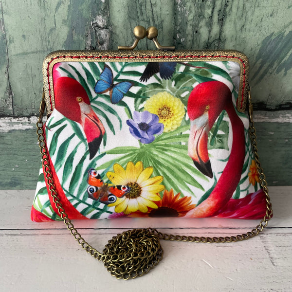 Tropical Flamingos and Butterflies Satin 5.5 Inch Bronze Clasp Purse Frame Clutch Bag