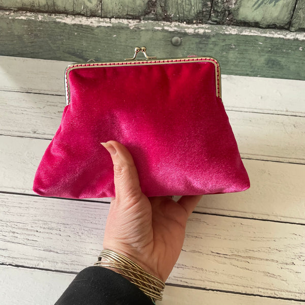 Hot Pink Velvet 5.5 Inch Silver Tone Sew In Clasp Purse Frame Clutch Bag