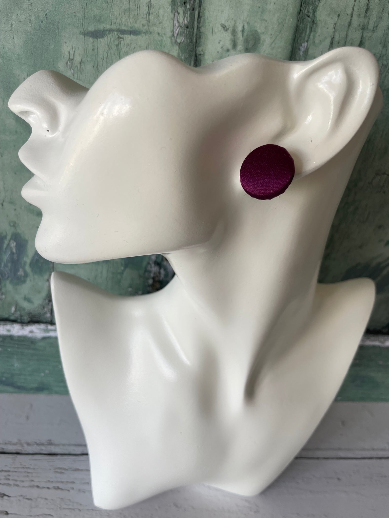 Aubergine Plum Satin Fabric Button Stainless Steel Stud Earrings