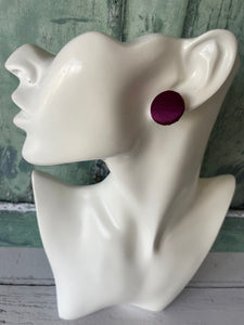 Aubergine Plum Satin Fabric Button Stainless Steel Stud Earrings