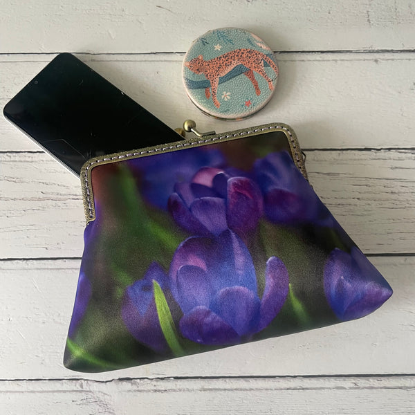 Spring Purple Crocus Floral Satin 5.5 Inch Bronze Clasp Purse Frame Clutch Bag