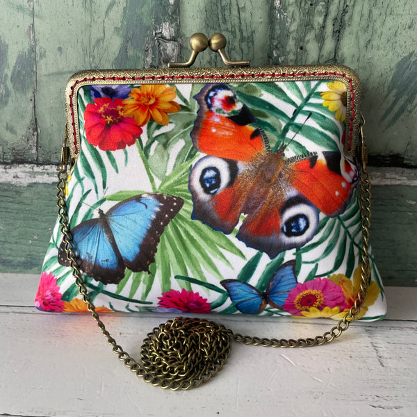 Tropical Floral Butterflies Satin 5.5 Inch Bronze Clasp Purse Frame Clutch Bag