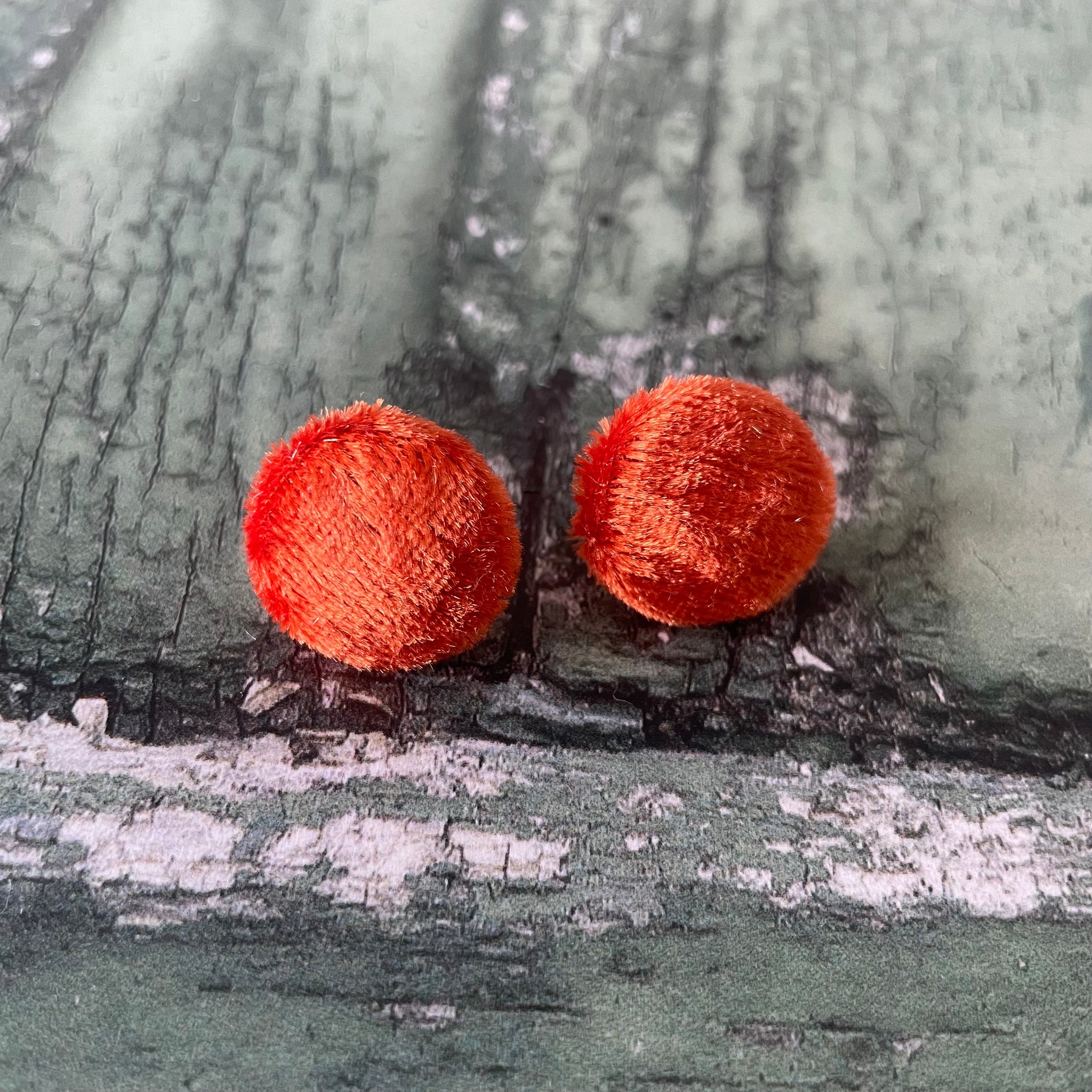 Orange Velvet Fabric Button Stainless Steel Stud Earrings