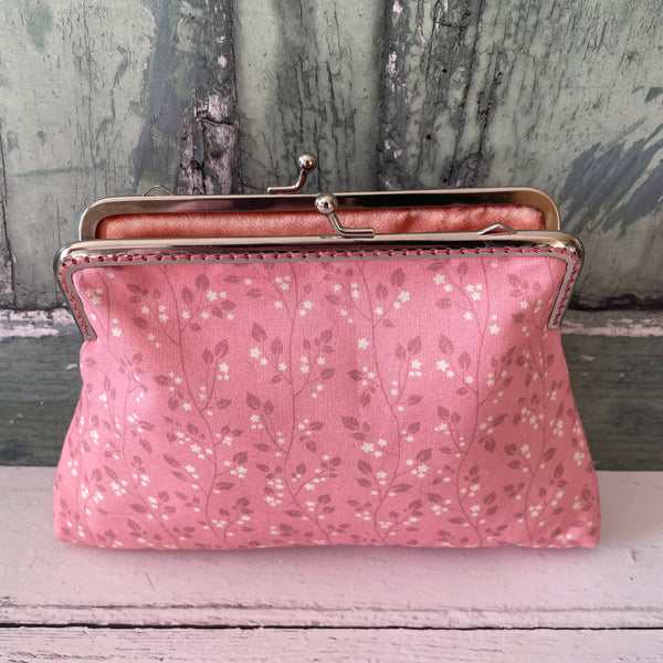 Coral Pink White Floral Cotton 5.5 Inch Silver Clasp Purse Frame Clutch Bag