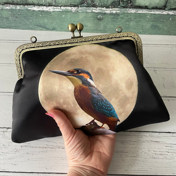 Moonscape Blue Kingfisher Bird Satin 8 Inch Sew-In Bronze Clasp Purse Frame Clutch Bag