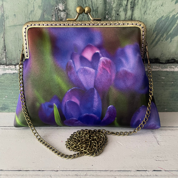 Spring Purple Crocus Floral Satin 5.5 Inch Bronze Clasp Purse Frame Clutch Bag