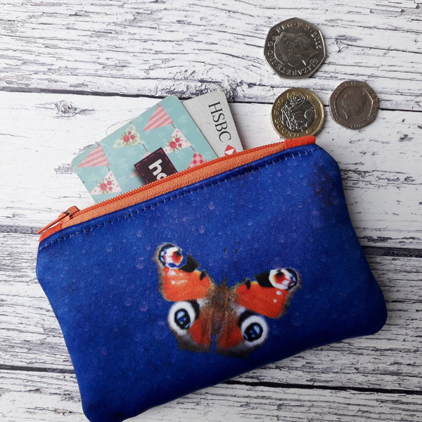 Handmade Red and Blue Butterfly Satin Coin Zipper Purse Pouch