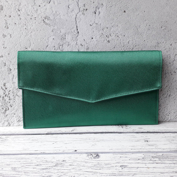 Emerald Green Fold Over Envelope Satin Clutch Bag