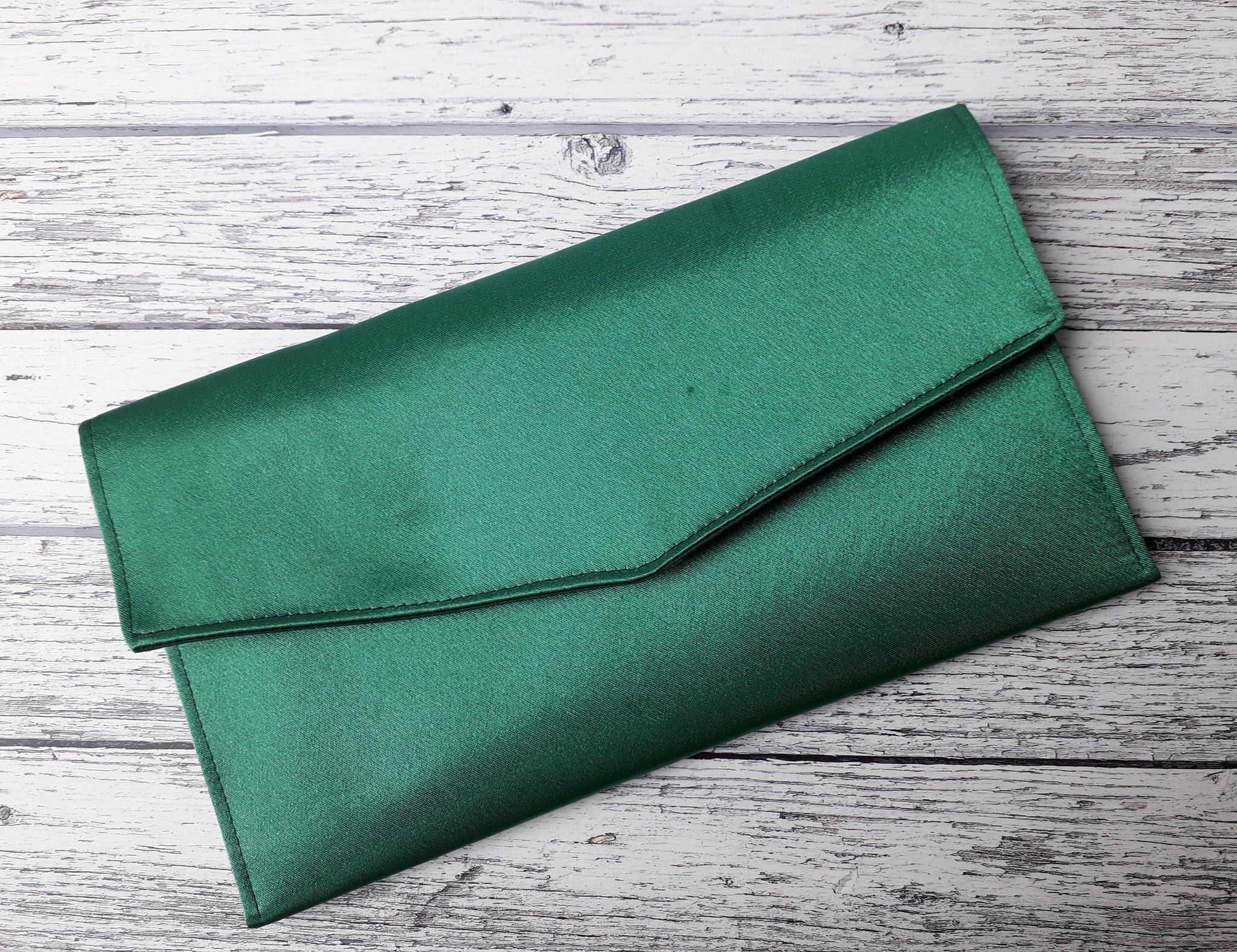 Emerald Green Fold Over Envelope Satin Clutch Bag