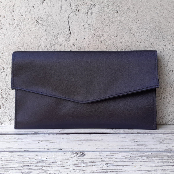 Navy Blue Satin Fold Over Envelope Clutch Bag