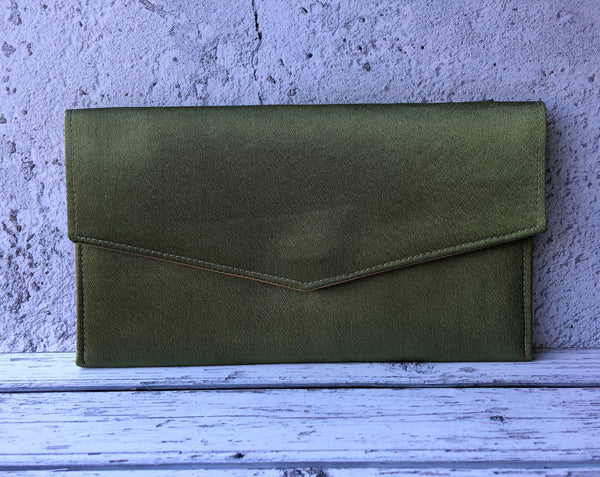 Olive Green Satin Fold Over Envelope Clutch Bag