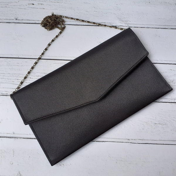 Black Satin Foldover Envelope Clutch Bag