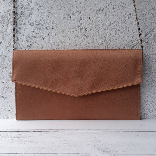 Copper Bronze Satin Fold Over Envelope Clutch Bag