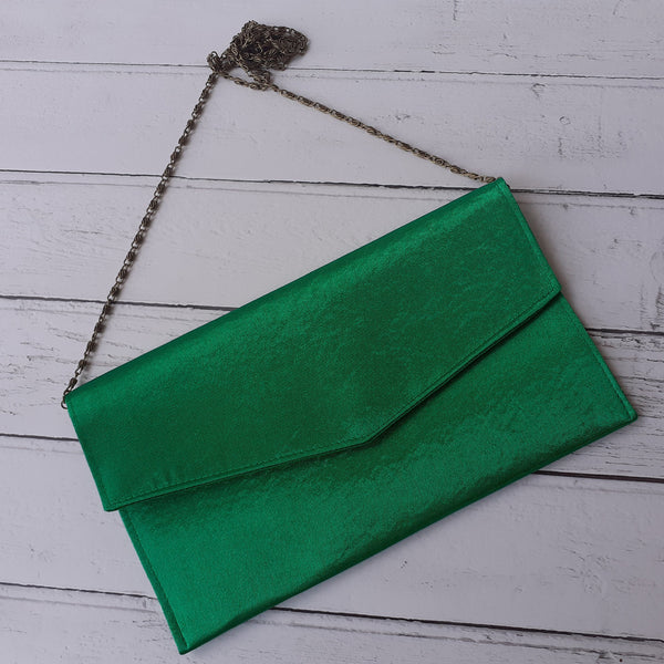 Bright Green Fold Over Envelope Satin Clutch Bag