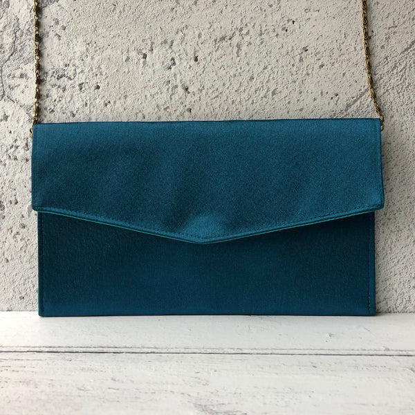 Petrol Blue Fold Over Envelope Satin Clutch Bag