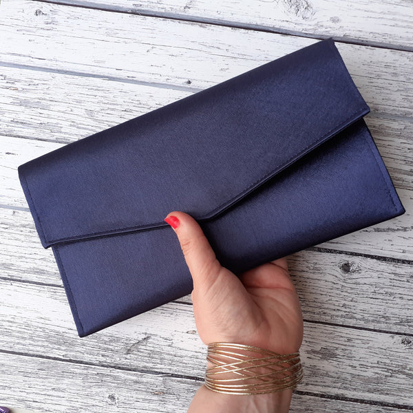 Navy Blue Satin Fold Over Envelope Clutch Bag